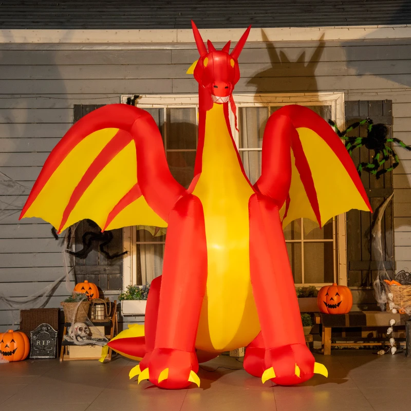 HOMCOM 9.5ft Halloween Inflatables, Giant Inflatable Fire Dragon, Blow Up Outdoor LED Yard Display, Waterproof