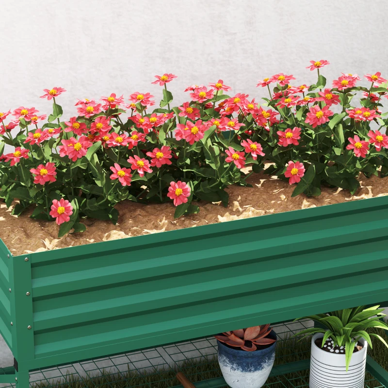 Outsunny Galvanized Raised Garden Bed, Metal Planter Box with Legs, Storage Shelf and Bed Liner, Green