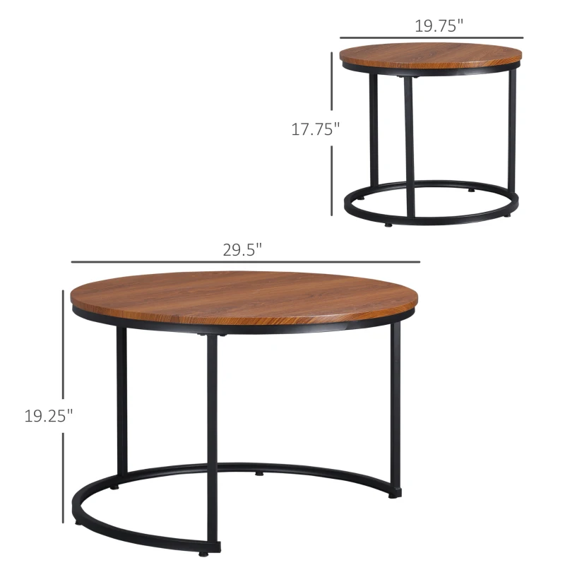 HOMCOM Round Nesting Tables Set of 2, Stacking Coffee Table Set with Metal Frame for Living Room, Dark Walnut