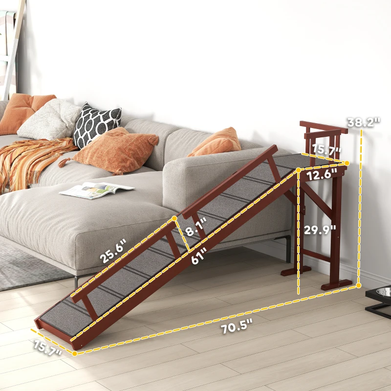 PawHut Wooden Dog Ramp with Removable Guardrails, Non-Slip Surface, 70.5" Long, Brown