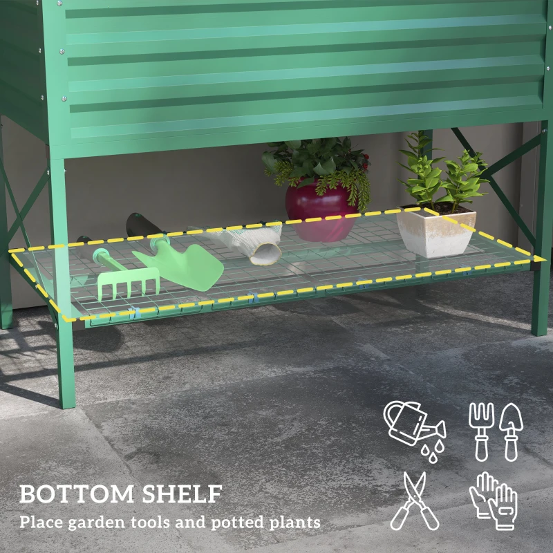 Outsunny Galvanized Raised Garden Bed, Metal Planter Box with Legs, Storage Shelf and Bed Liner, Green