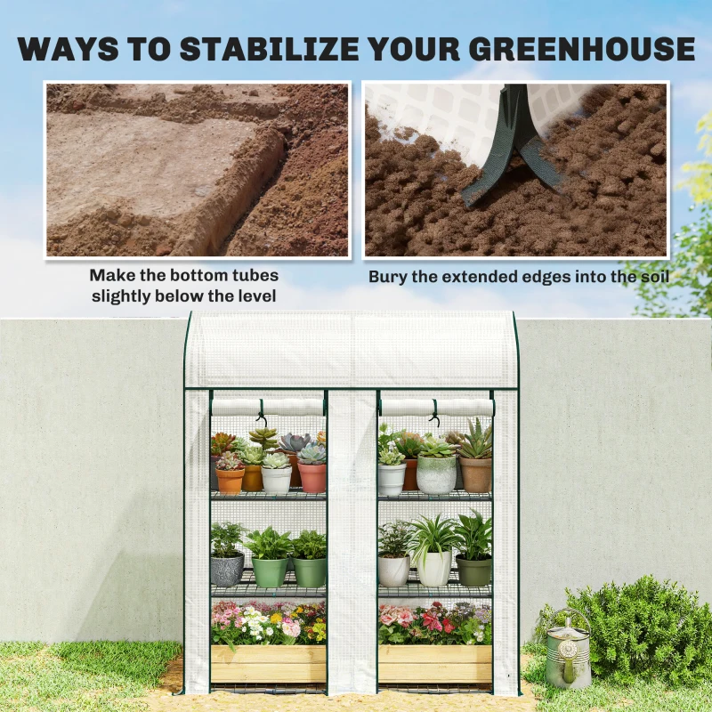 Outsunny 3 Tier Mini Greenhouse, Small Portable Greenhouse with 2 Roll-up Doors, 56.3" x 18.1" x 65", White