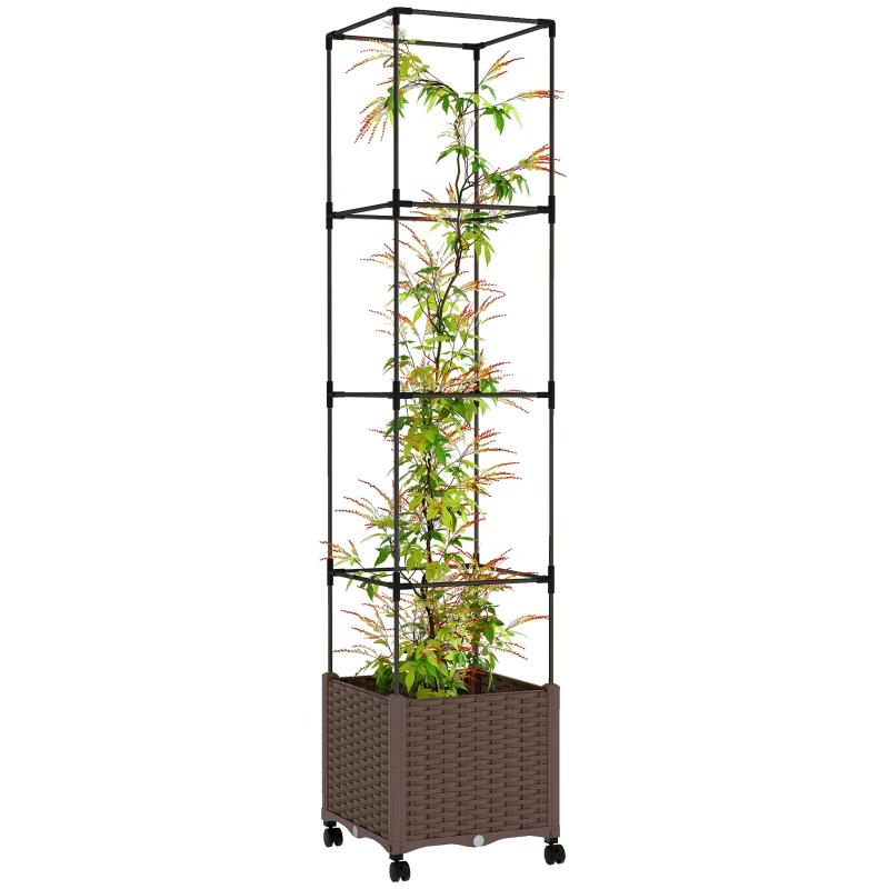 Outsunny Raised Garden Bed with Trellis, Tomato Cage with Lockable Wheels, Self Watering Planter Box with Drainage Holes, Brown