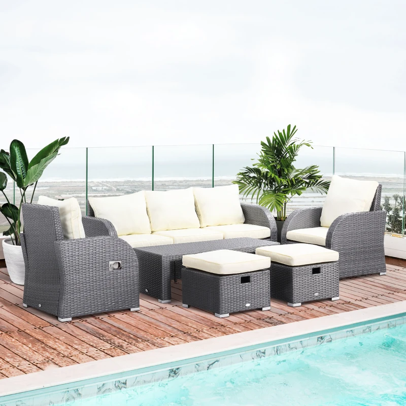Outsunny 6-Piece Outdoor Rattan Patio Sectional Sofa Set with 3-Seat Couch, 2 Recliners, 2 Ottoman Footrests, & Coffee Table Conversation Set, Cream White