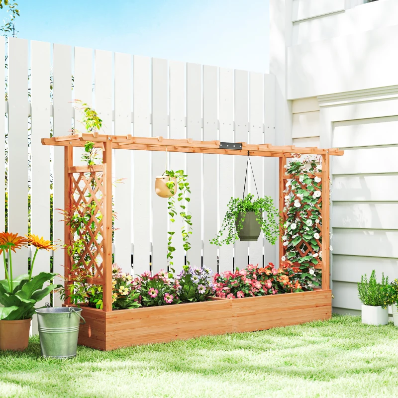 Outsunny Wooden Planter Box with Trellis, Hanging Roof and Drainage Holes for Climbing Plants, Vegetables, Herbs and Flowers