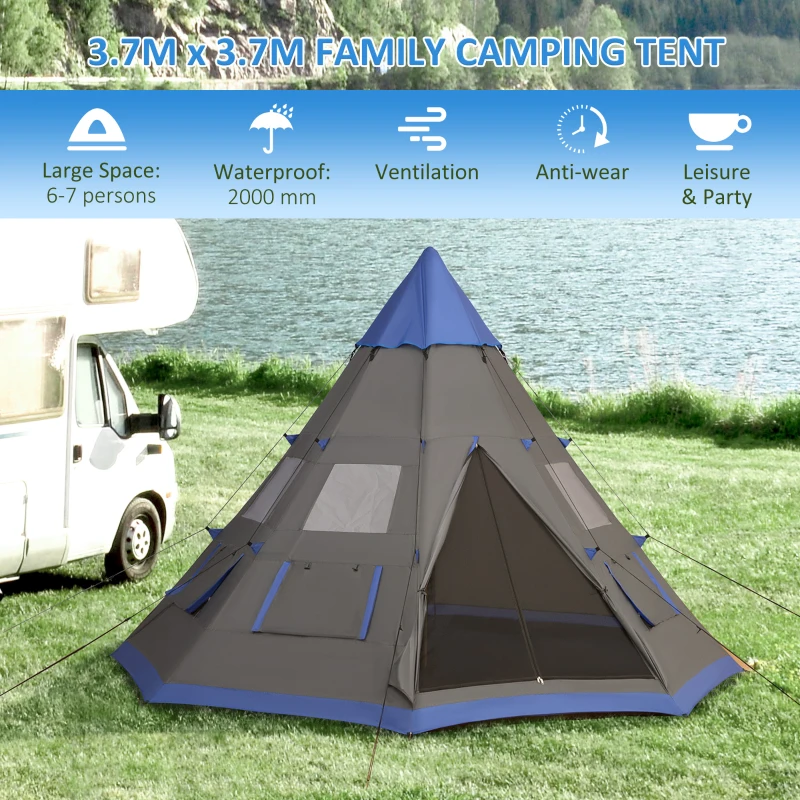 Outsunny 12Ft Camping Tent 6-7 Person 4 Season with 8 Mesh Windows, Outdoor Teepee Tent with Waterproof Material
