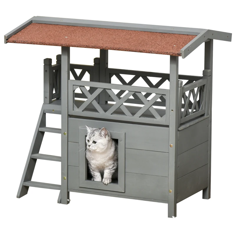 PawHut Wooden Cat House, 2-Floor Feral Cat Shelter, Kitten Condo Outdoor, Small Dog House with Balcony, Stairs, Asphalt Roof, Gray