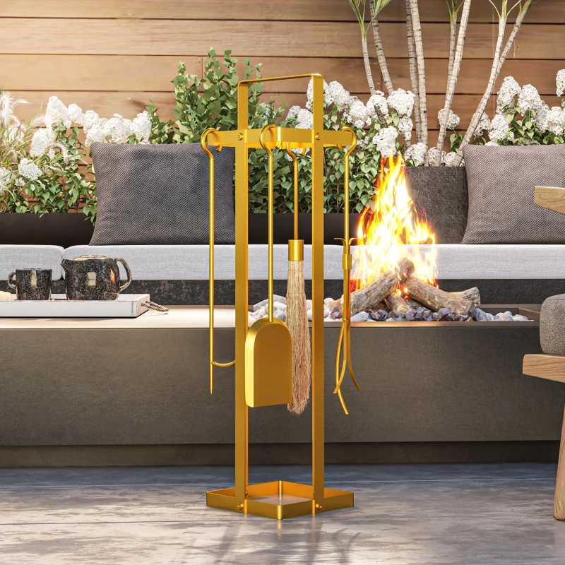 Outsunny 5 Piece Metal Fireplace Tools Set with Brush Broom, Poker, Shovel, Tongs, and Stand for Indoor or Outdoor, Gold
