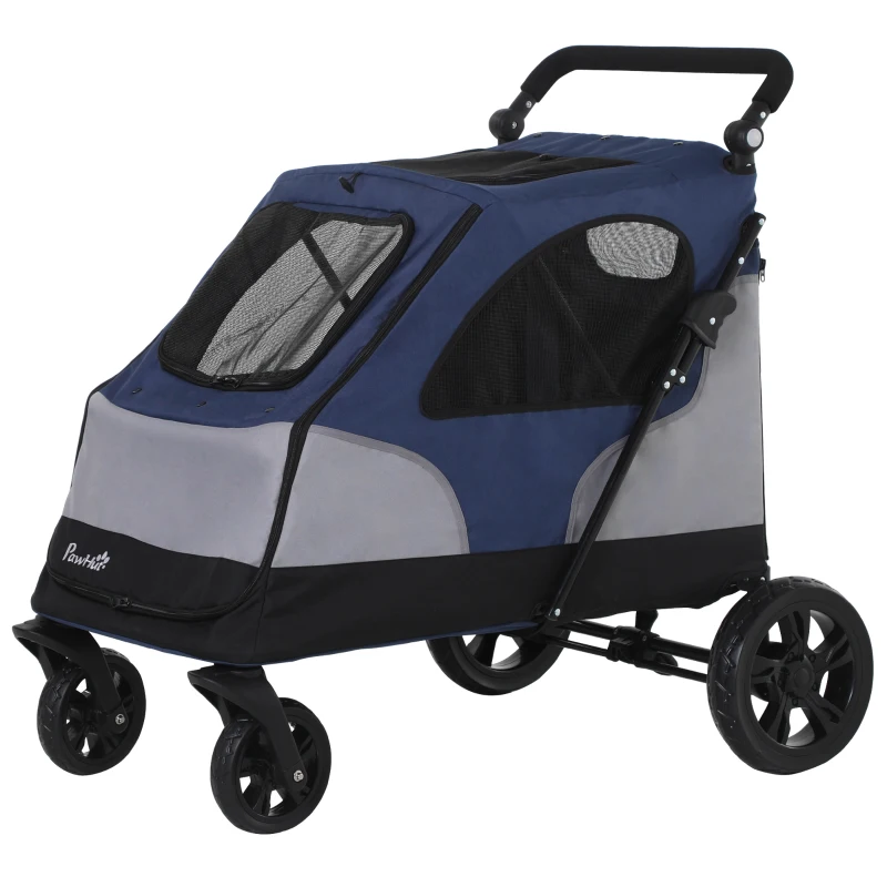 PawHut Pet Stroller Foldable Dog Cat Carriage with Adjustable Handlebar Brake, Storage Bag, Mesh Window, Safety Leash, Blue