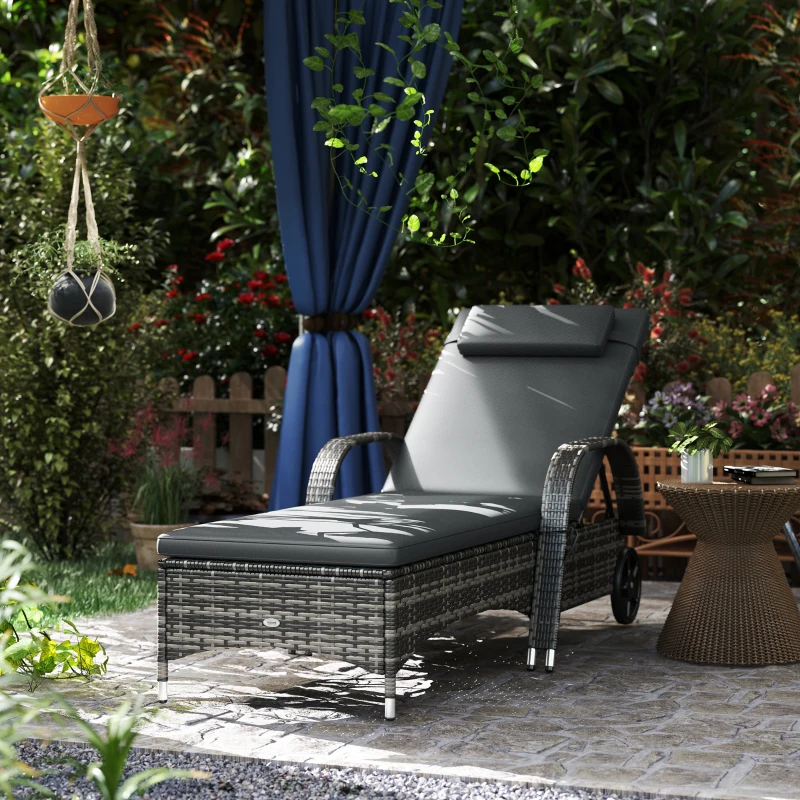 Outsunny Outdoor Chaise Lounge, 5-Level Adjustable Backrest Rattan Pool Lounge Chair with Wheels, Cushion & Headrest, Gray