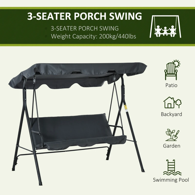 Outsunny 3-Seat Outdoor Patio Swing Chair with Removable Cushion, Steel Frame Stand and Adjustable Tilt Canopy for Patio, Garden, Poolside, Balcony, Backyard, Gray