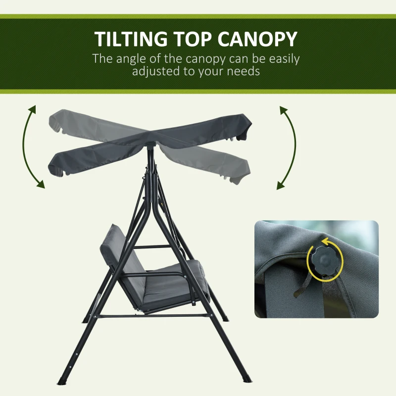 Outsunny 3-Seat Outdoor Patio Swing Chair with Removable Cushion, Steel Frame Stand and Adjustable Tilt Canopy for Patio, Garden, Poolside, Balcony, Backyard, Gray