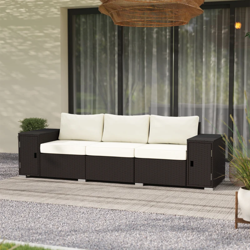 Outsunny 3 Seater Wicker Outdoor Couch Patio Sofa with Storage, Thickened Cushions and Wide Armrests for Porch Yard, Cream White