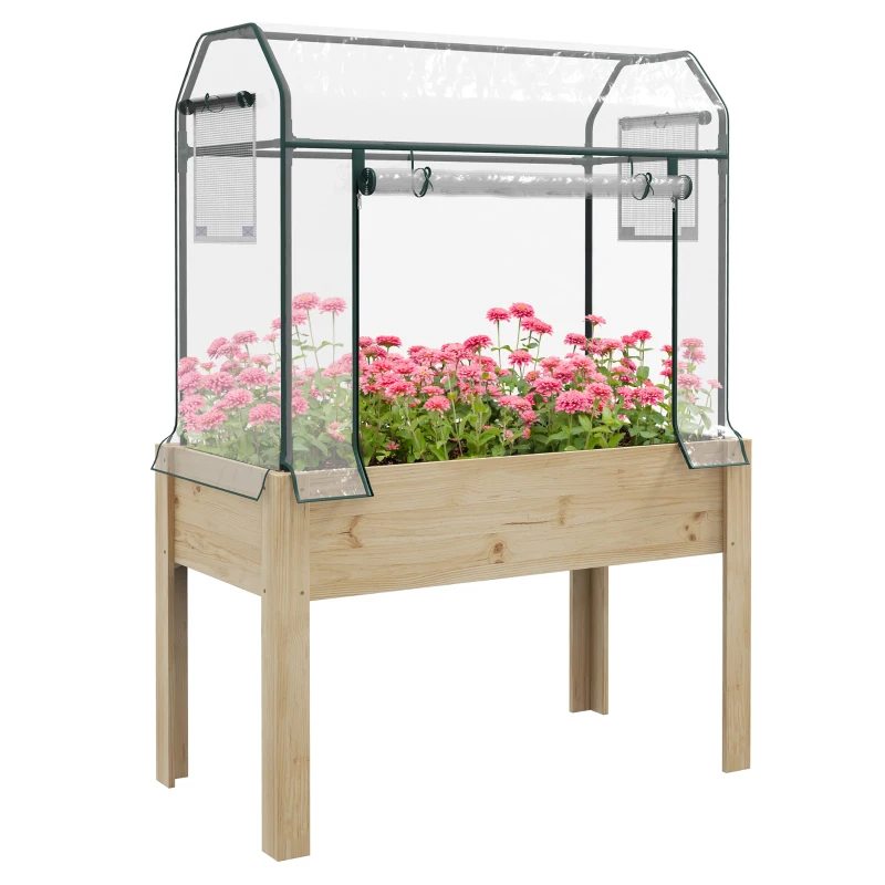 Outsunny Raised Garden Bed with Plastic Greenhouse Cover Outdoor Planter Box for Herbs and Vegetables, 45x24x65 inch Natural