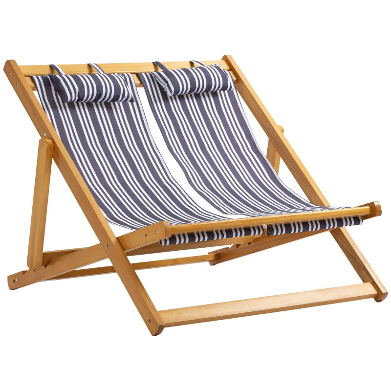 Outsunny 2-Person Sling Chair, Reclining Double Lounger for Patio, Beach, Camping, Lawn, Wood Folding Chair with Recliner Design for 2 Adults, White & Gray Stripes