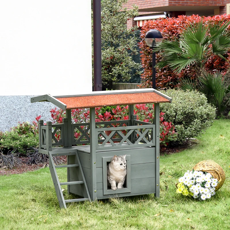 PawHut Wooden Cat House, 2-Floor Feral Cat Shelter, Kitten Condo Outdoor, Small Dog House with Balcony, Stairs, Asphalt Roof, Gray