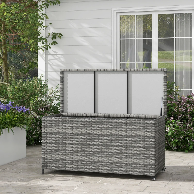 Outsunny 83 Gallon Deck Box, Large Outdoor Storage Chest, PE Wicker Trunk for Outside on Wheels for Garden Tools, Pool Supplies & Patio Furniture Cushions, Gray