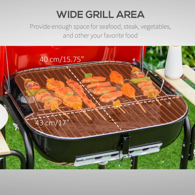Outsunny Portable BBQ Grill Charcoal Grill with Wheels Bottom Shelf, 2 Tables and Adjustable Vents for Backyard Cooking, Red