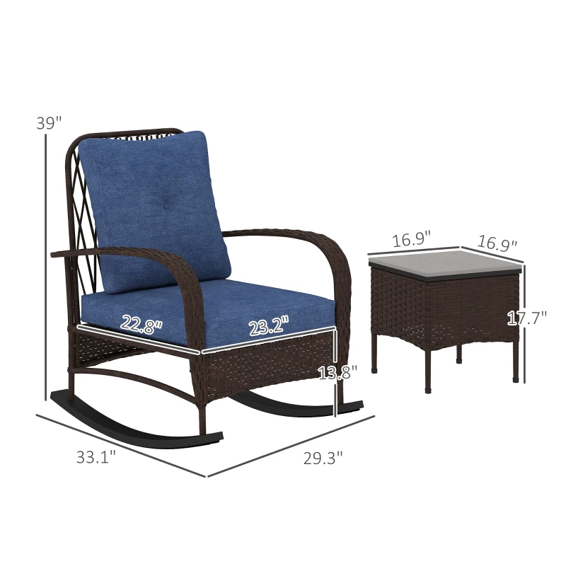 Outsunny 3 Piece Wicker Patio Furniture Set, Outdoor PE Rattan Rocking Chairs with Coffee Table, Cushions for Porch, Brown