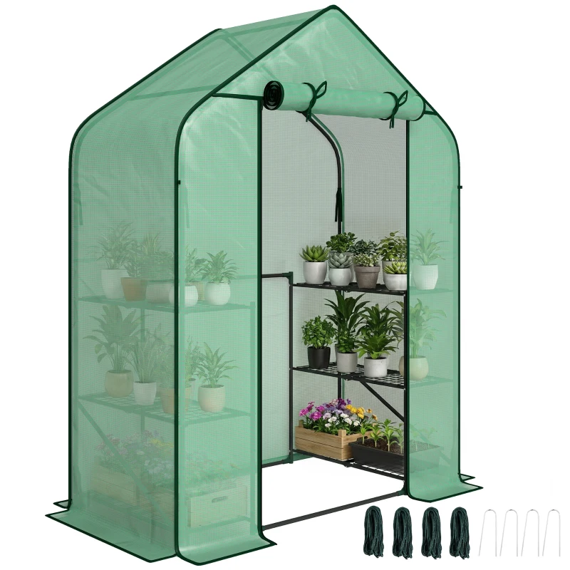 Outsunny Greenhouse for Outdoors, Portable Greenhouse with 6 Shelves, UV-Resistant PE Cover, Roll-Up Door, Green