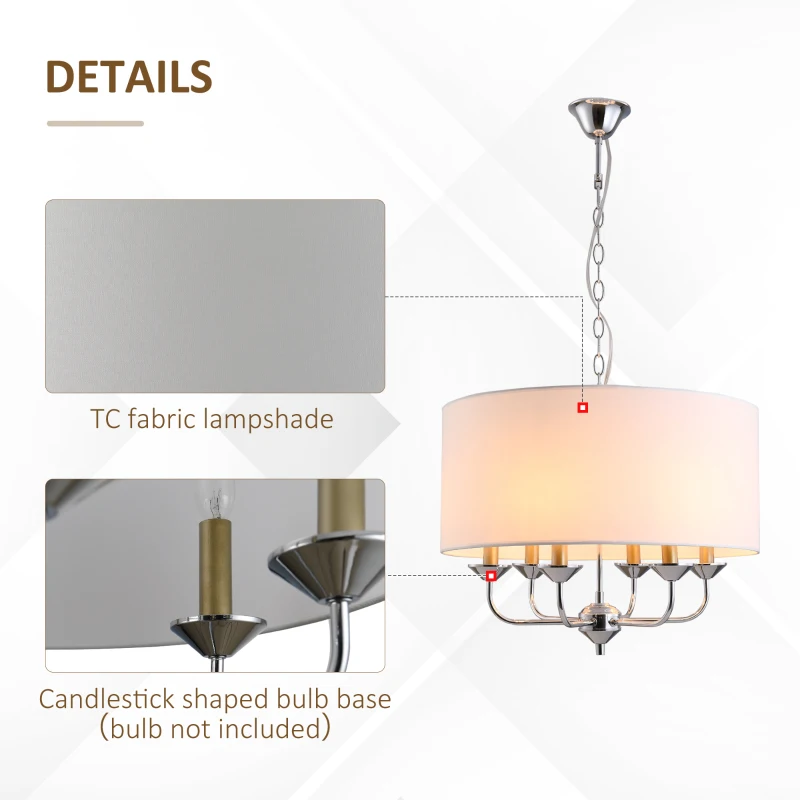 HOMCOM 6-Light Modern Chandelier Candle Pendant Light, Drum Fabric Lampshade for Dining Room, Bedroom, Kitchen, Living Room with Hanging Light Fixture, White