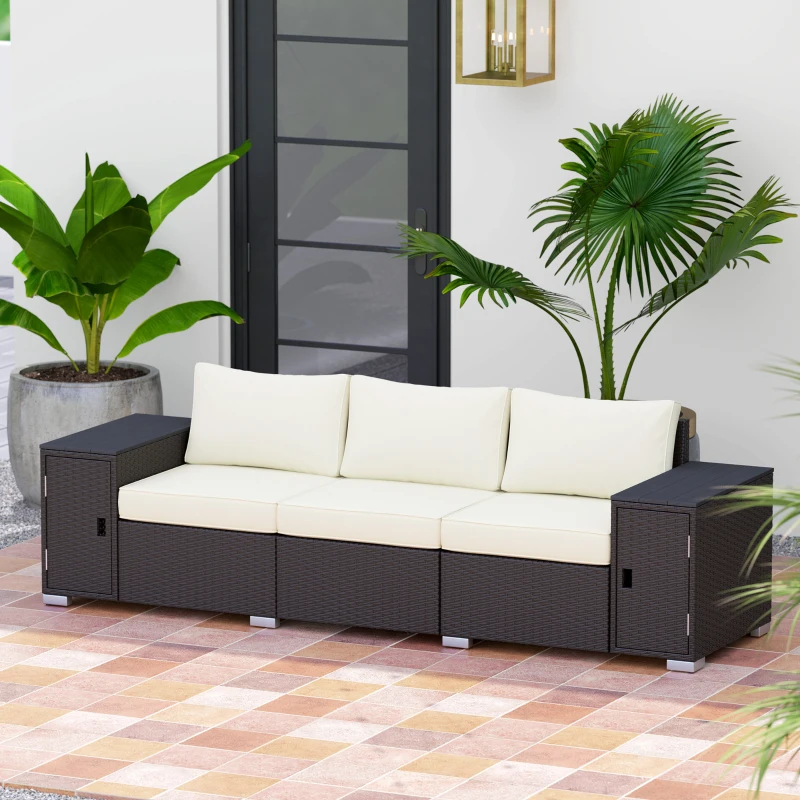 Outsunny 3 Seater Wicker Outdoor Couch Patio Sofa with Storage, Thickened Cushions and Wide Armrests for Porch Yard, Cream White