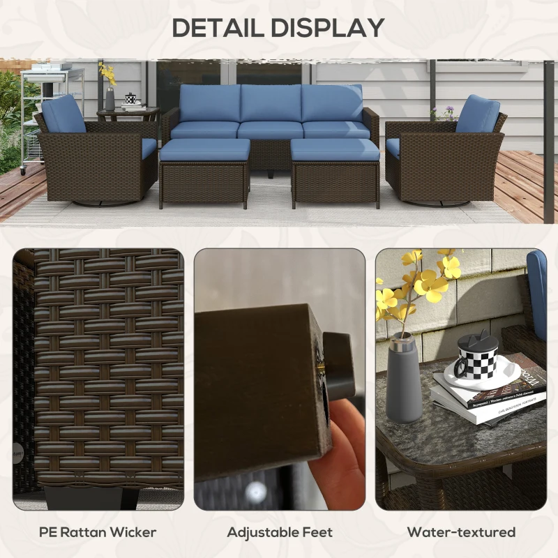 Outsunny 6-Piece Rattan Patio Furniture Set with 3-Seater Sofa, Swivel Rocking Chairs, Footstools, 2 Tier Table, Deep Coffee