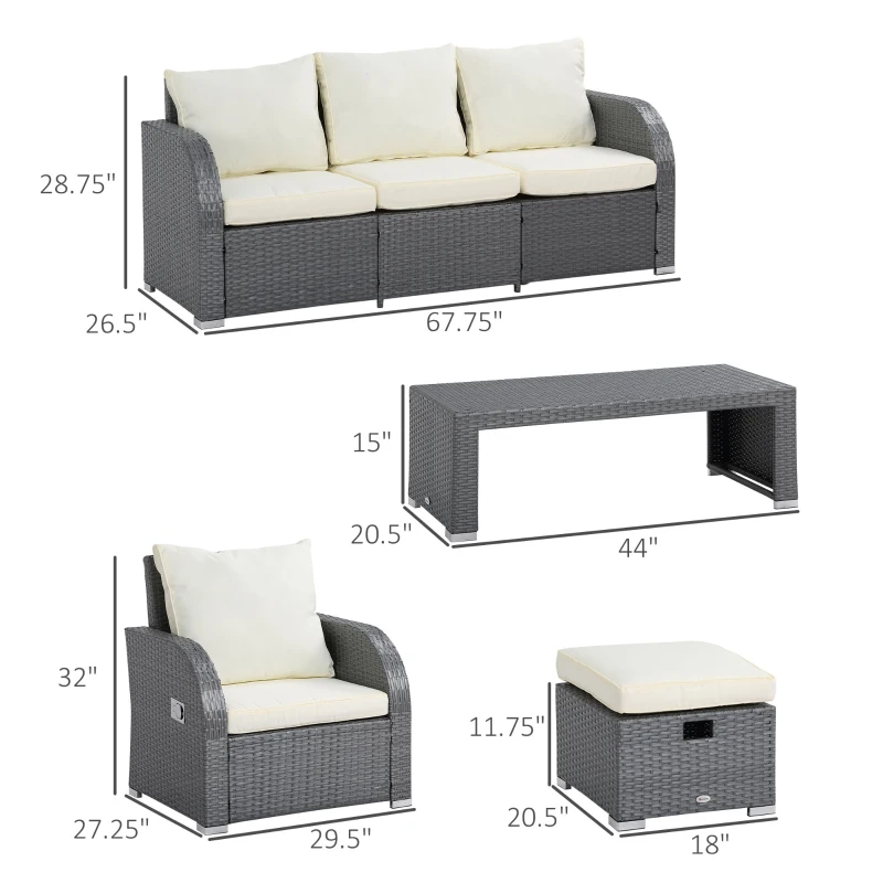 Outsunny 6-Piece Outdoor Rattan Patio Sectional Sofa Set with 3-Seat Couch, 2 Recliners, 2 Ottoman Footrests, & Coffee Table Conversation Set, Cream White