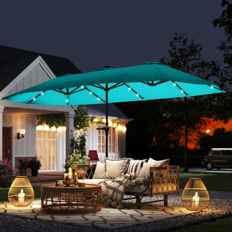 Outsunny 13ft Double-Sided Market Umbrella, Large Patio Umbrella with Solar Lights, Crank Handle for Garden, Pool, Yard, Blue