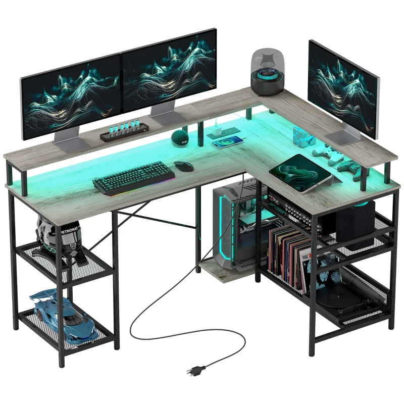 HOMCOM 59" L Shaped Desk with Storage, Corner Desk with LED Lights and Power Outlets for Home Office, Small Space, Gray