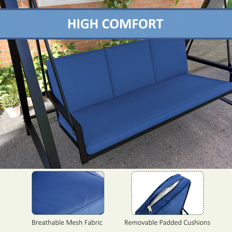 Outsunny 3-Person Patio Swing Chair, Outdoor Porch Swing with Adjustable Canopy, Removable Cushions for Garden, Backyard, Blue