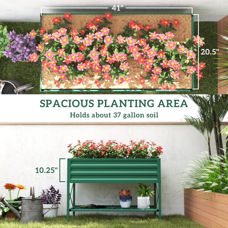 Outsunny Galvanized Raised Garden Bed, Metal Planter Box with Legs, Storage Shelf and Bed Liner, Green
