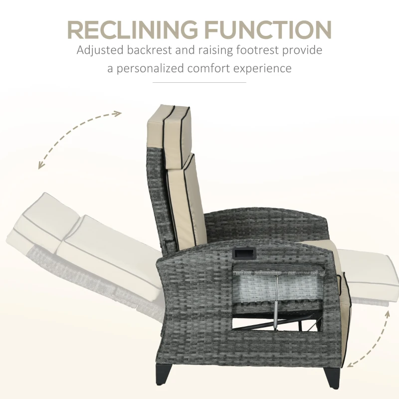 Outsunny Outdoor Recliner Chair with Cushions, Reclining Patio Lounge Chair with Adjustable Footrest, Armrests, Tray Table, Khaki