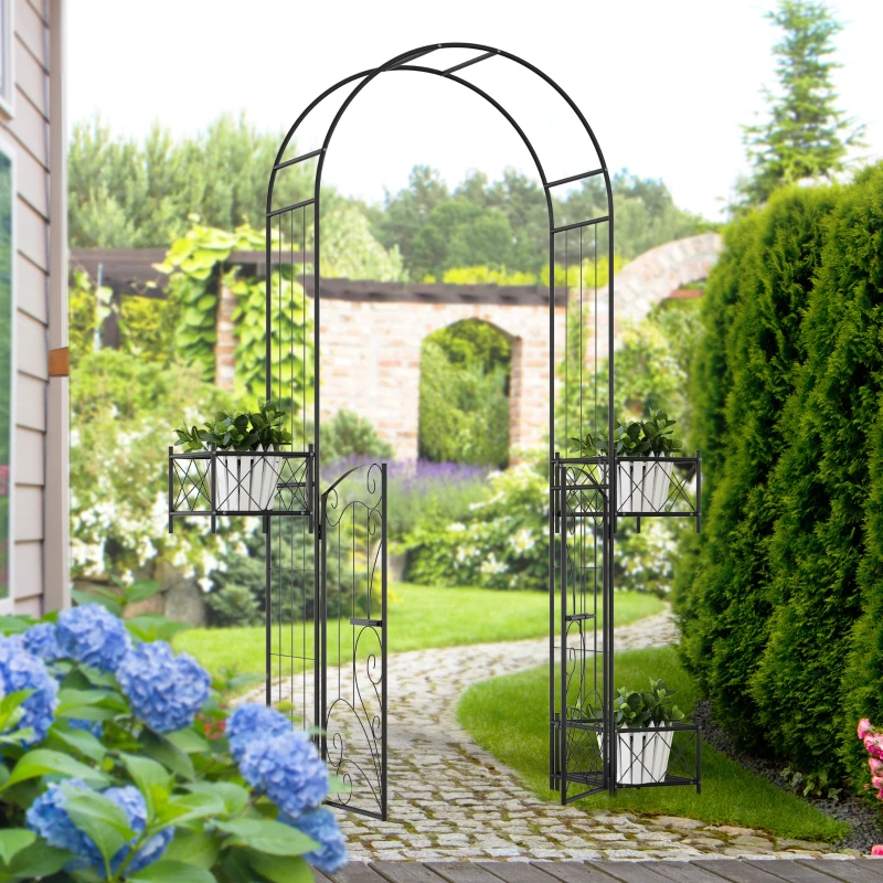 Outsunny 7' Garden Arch Arbor, Metal Arch Trellis with Gate, Garden Archway for Climbing Vines, Black