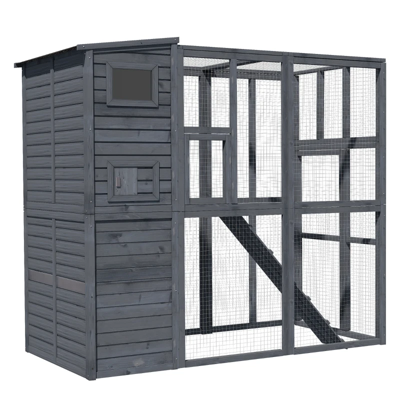 PawHut Large Cat House Outdoor Catio Wooden Feral Cat Shelter, Kitten Enclosure with Door, Cat Condo and Weather Protection Asphalt Roof, 77" L, Gray