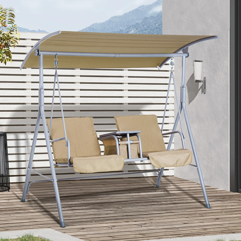 Outsunny 2-Seater Outdoor Porch Swing with Canopy and Table, Patio Swing Chair for Garden, Poolside, Backyard, Beige