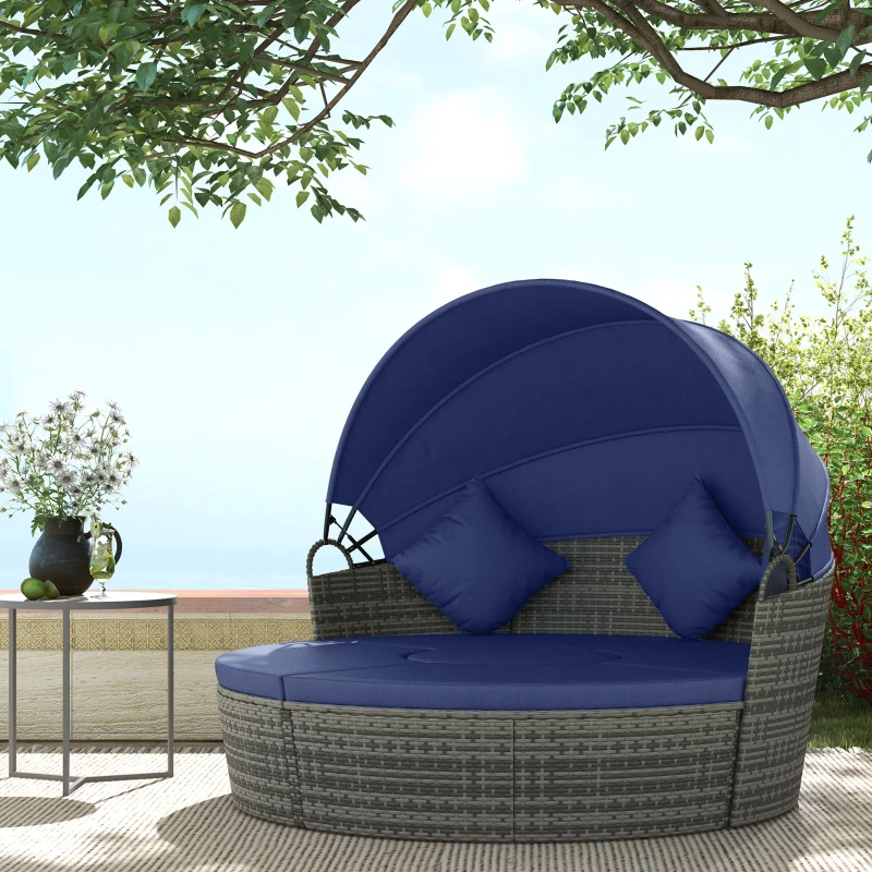 Outsunny 4 Piece Round Rattan Daybed Furniture Set, Canopy, Outdoor Sofa, 2 Chairs, Extending Table Ottoman Chair, Pillows, Blue