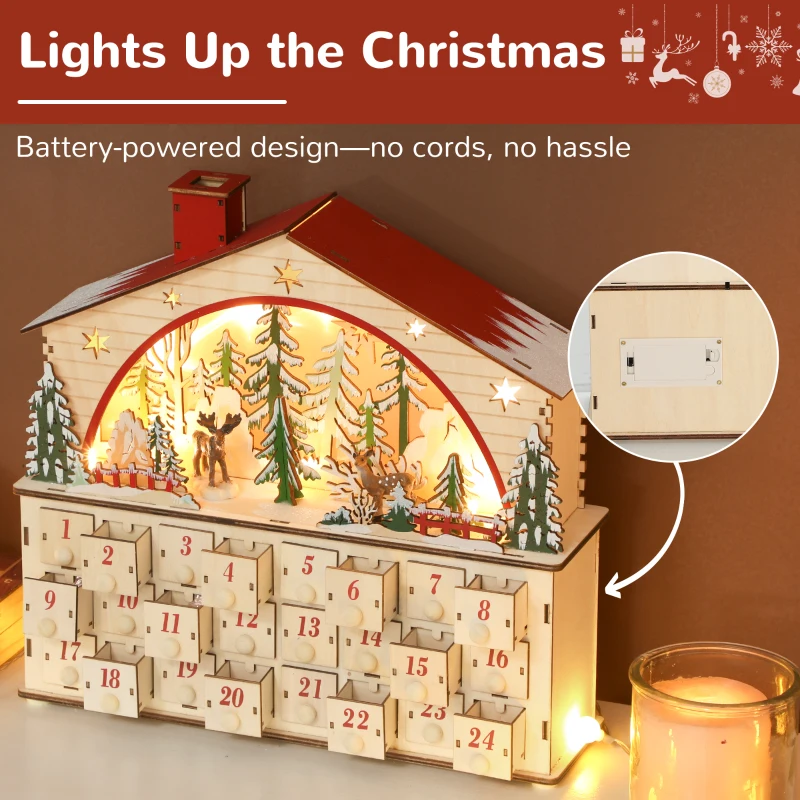 HOMCOM Christmas Advent Calendar with 24 Countdown Drawers and LED Lights, Wooden Advent Calendar House, Battery Operated