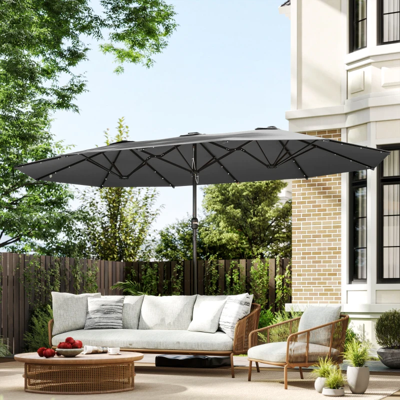 Outsunny Garden Parasol 14.4ft Double-Sided Sun Umbrella with Base, Patio Parasol with LED Solar Lights, Gray