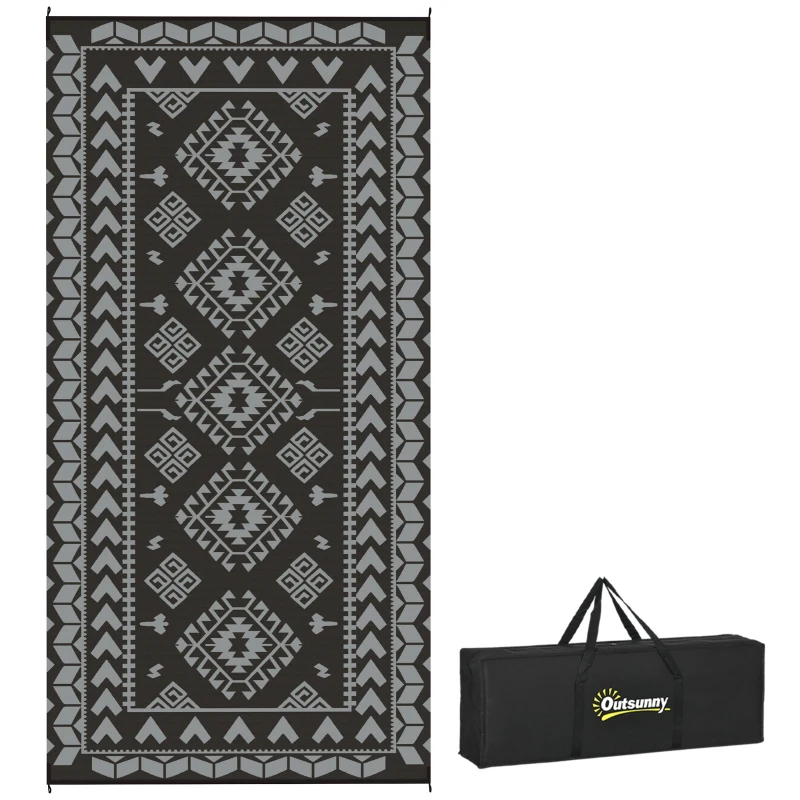 Outsunny Reversible Outdoor Rug, Waterproof Plastic Straw with Carry Bag, 9' x 18', Black & Gray Rhombus Patchwork