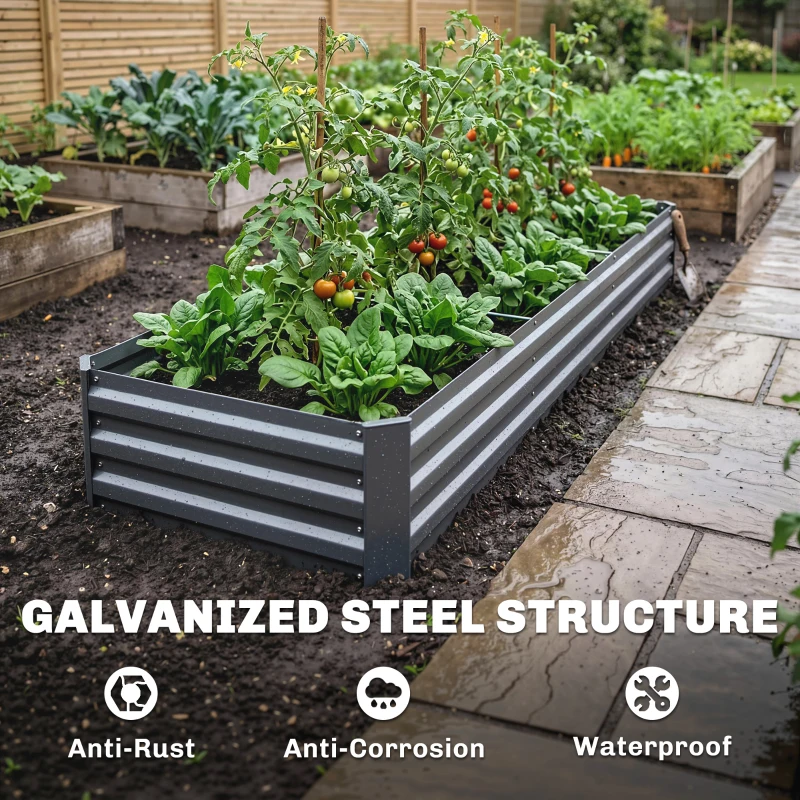 Outsunny 8x2x1ft Galvanized Raised Garden Bed Kit with Safety Edging for Flowers, Herbs and Vegetables, Dark Gray