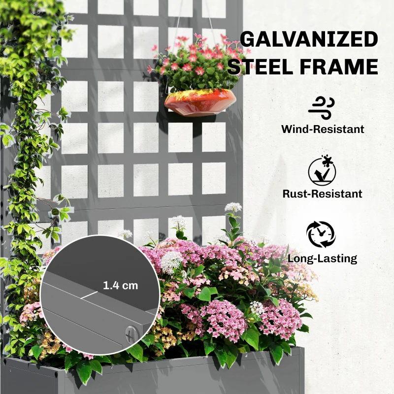 Outsunny Galvanized Raised Garden Bed Planter Box with Trellis for Climbing Plants, Vegetable, Vines, 24" x 9" x 44.5", Gray