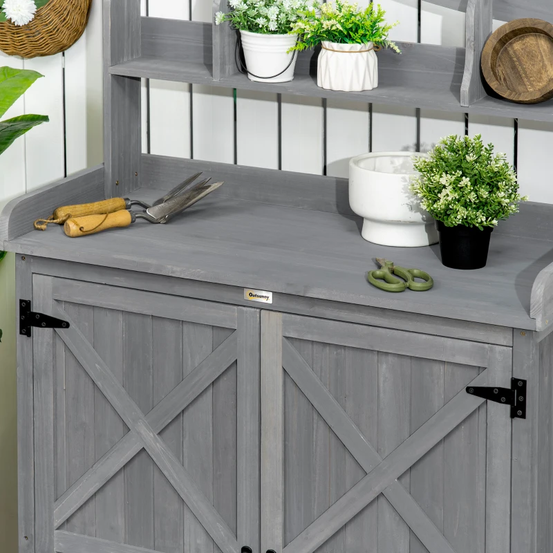 Outsunny Outdoor Storage Cabinet & Potting Table, Wooden Gardening Bench with Patio Cabinet and Magnetic Doors, Grey
