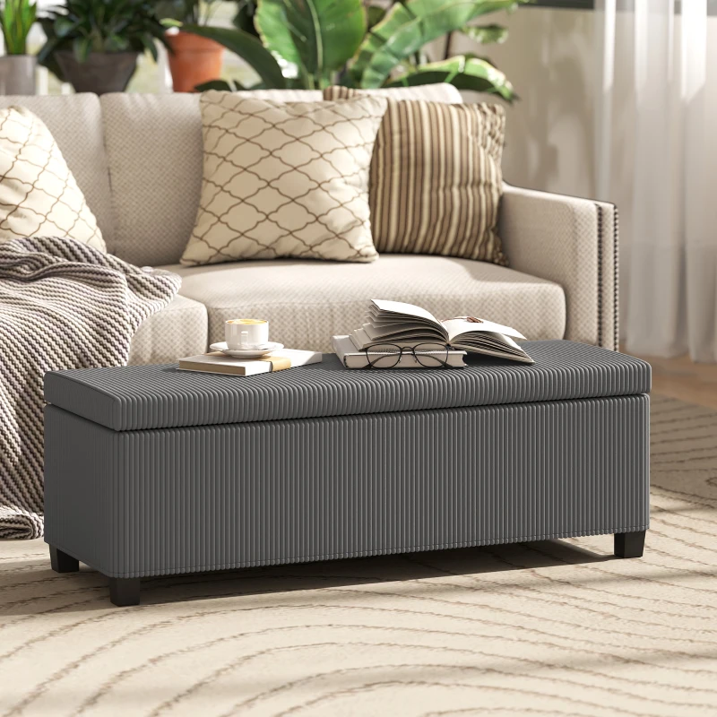HOMCOM 47 Inches Storage Ottoman Bench, Foot Rest with Legs, End of Bed Bench, Corduroy Storage Chest for Living Room, Gray