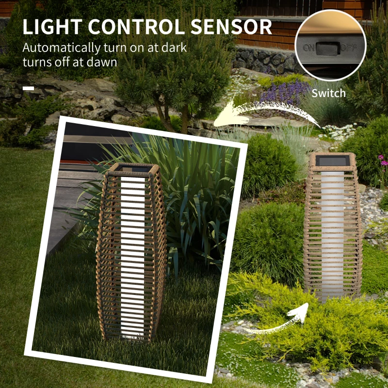 Outsunny Solar Floor Lamp, Outdoor Rattan Garden Lantern Pathway Light & Decorative Driveway Lighting with Auto LED Lights, Sand