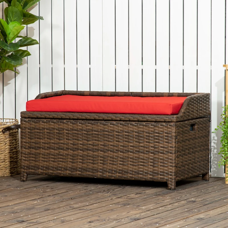 Outsunny 34 Gallon Outdoor Wicker Storage Bench Deck Box, PE Rattan Patio Furniture Pool Storage Bin Container with Interior Waterproof Cloth Bag and Comfortable Cushion, Red