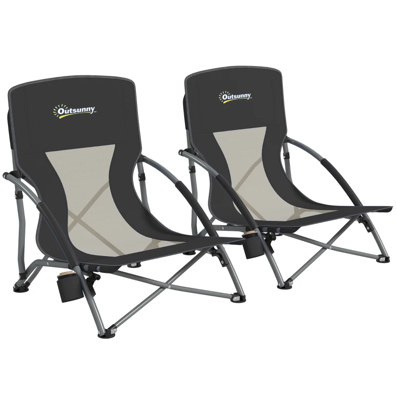 Outsunny Set of 2 Folding Beach Chairs with Mesh Back, Carry Bag and Cup Holder for Outdoor Camping Lawn Sports Picnic, Black