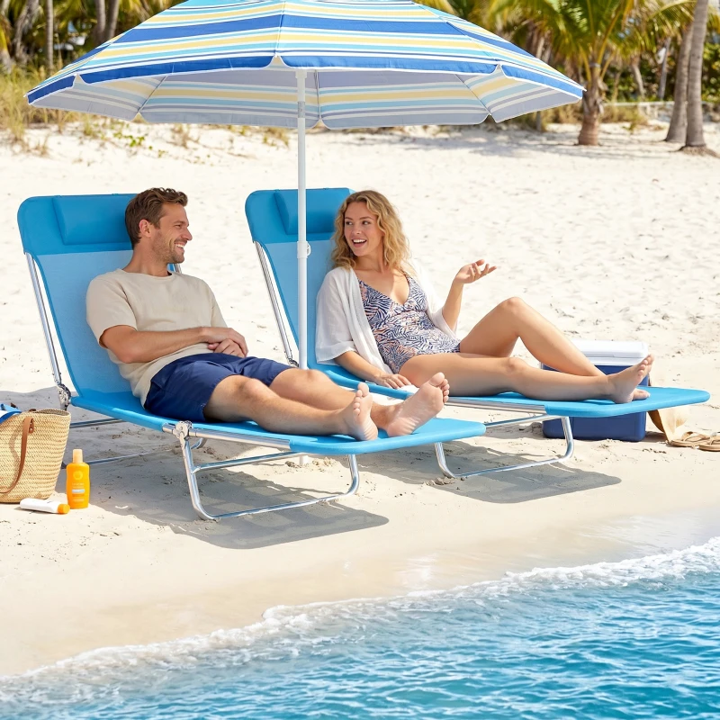 Outsunny 2 Piece Folding Chaise Lounge Chairs, Pool Sun Tanning Chairs with Reclining Back, Breathable Mesh Seat, Headrest, Blue