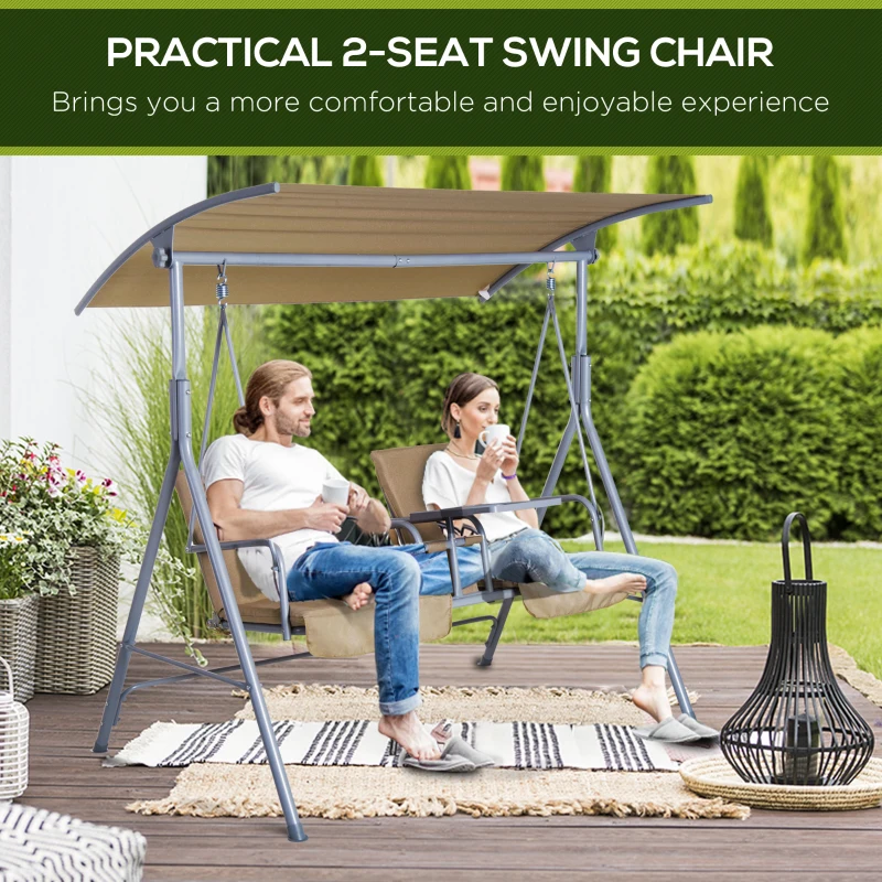Outsunny 2-Seater Outdoor Porch Swing with Canopy and Table, Patio Swing Chair for Garden, Poolside, Backyard, Beige