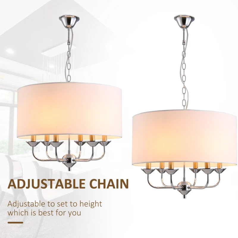 HOMCOM 6-Light Modern Chandelier Candle Pendant Light, Drum Fabric Lampshade for Dining Room, Bedroom, Kitchen, Living Room with Hanging Light Fixture, White